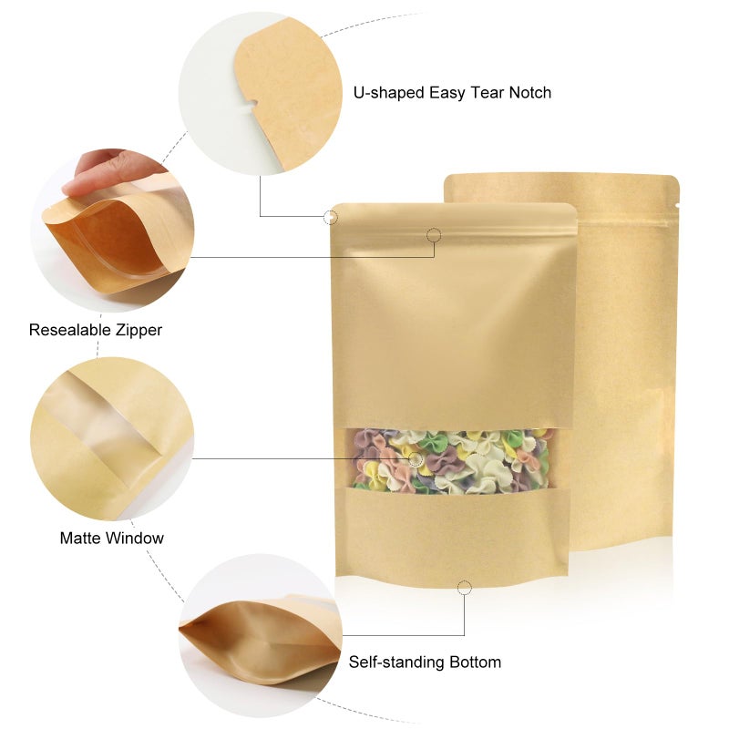 SumDirect Kraft Stand Up Pouches - 50Pcs Resealable Kraft Paper Stand Up Bags with Window, Zipper Disposable Food Storage Bags for Home or Business (50, 6x8.6inch) - Image 3